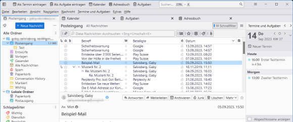 Bild 5: oben mit Menüleiste und Bereichsverknüpfungen – der neue Thunderbird ganz klassisch