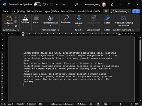 Word im Dunkelmodus, inklusive dunklem Dokumenthintergrund