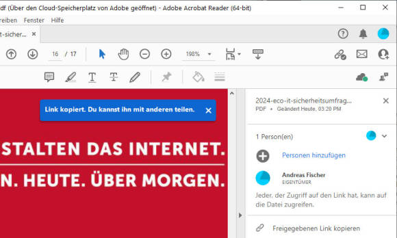 Bild 13: Den Link zu einer freigegebenen Datei kopiert der Adobe Acrobat Reader in die Zwischenablage