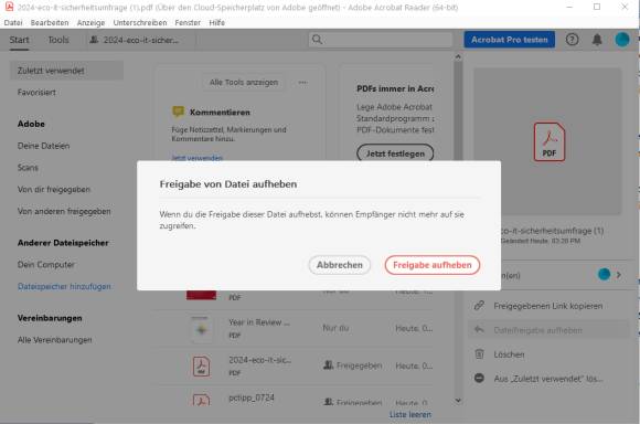Bild 14: Beenden Sie aus Sicherheitsgründen nicht mehr benötigte Dateifreigaben, so kann niemand mehr darauf zugreifen