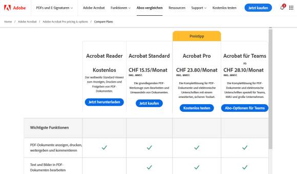 Bild 2: Adobe bietet mehrere Acrobat-Versionen an, nur eine davon ist allerdings kostenlos
