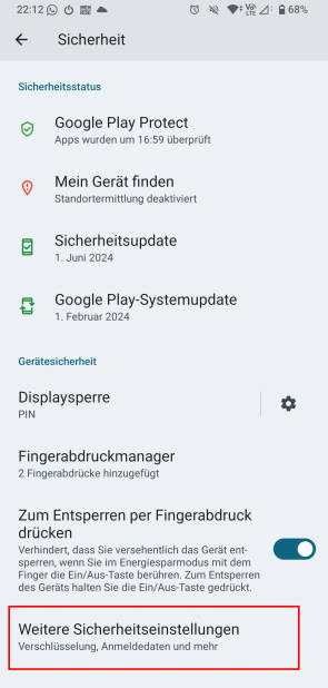 Bild 5: Bei Android 14 ist die Information zur Verschlüsselung einfach zu finden