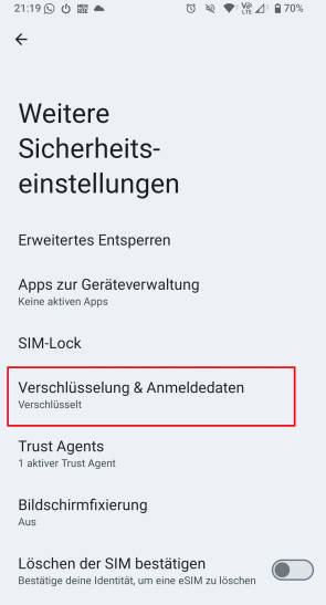 Bild 6: Android zeigt Ihnen an, ob das Gerät verschlüsselt ist
