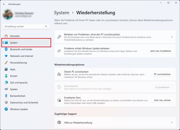 Bild 1: Bei Windows 11 sind die Wiederherstellungsoptionen unter System zu finden