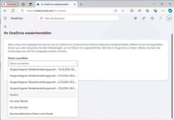 Bild 4: Der Cloud-Speicher OneDrive lässt Sie den Inhalt Ihres Speichers auf ein anderes Datum zurücksetzen